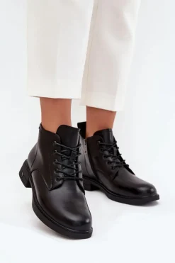 Buty damskie Vinceza Botki Ocieplane|Botki Sznurowane*Ocieplane Skórzane Botki Damskie Na Niskim Obcasie Vinceza 39953 Czarne Czarny