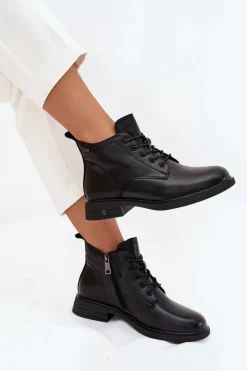 Buty damskie Vinceza Botki Ocieplane|Botki Sznurowane*Ocieplane Skórzane Botki Damskie Na Niskim Obcasie Vinceza 39953 Czarne Czarny