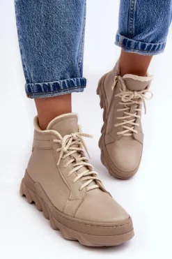 Boto Botki Ocieplane|Botki Skórzane*Ocieplane Skórzane Botki Damskie Na Platformie Beżowe Lemar Jevette Beżowy