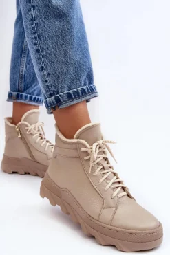 Boto Botki Ocieplane|Botki Skórzane*Ocieplane Skórzane Botki Damskie Na Platformie Beżowe Lemar Jevette Beżowy