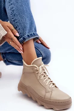 Boto Botki Ocieplane|Botki Skórzane*Ocieplane Skórzane Botki Damskie Na Platformie Beżowe Lemar Jevette Beżowy