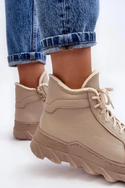 Boto Botki Ocieplane|Botki Skórzane*Ocieplane Skórzane Botki Damskie Na Platformie Beżowe Lemar Jevette Beżowy