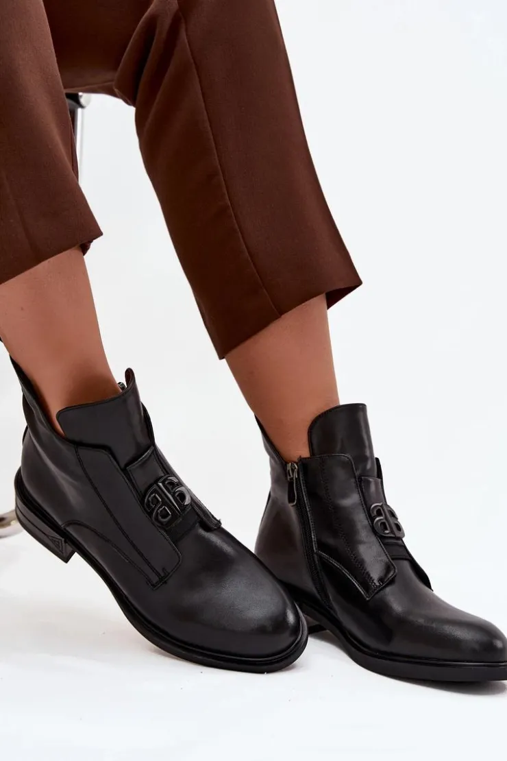 Boto Botki Ocieplane|Botki Na Obcasie*Ocieplane Skórzane Botki Damskie Z Ozdobnym Detalem Czarne Briselda Czarny