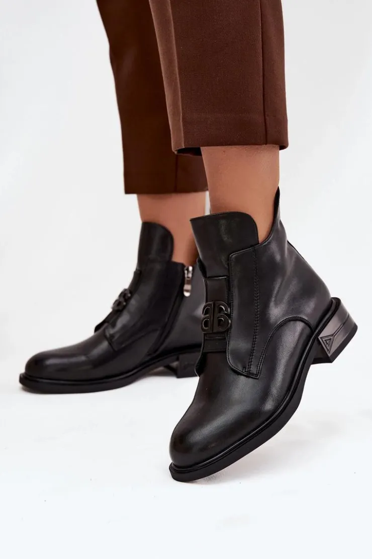 Boto Botki Ocieplane|Botki Na Obcasie*Ocieplane Skórzane Botki Damskie Z Ozdobnym Detalem Czarne Briselda Czarny