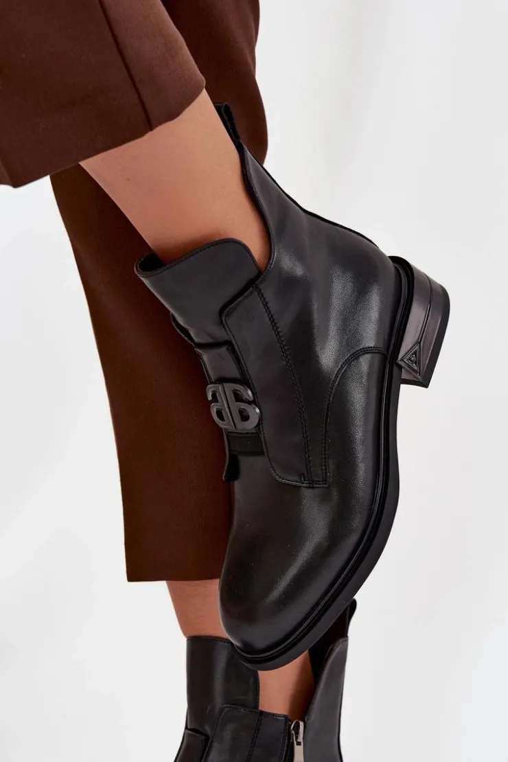 Boto Botki Ocieplane|Botki Na Obcasie*Ocieplane Skórzane Botki Damskie Z Ozdobnym Detalem Czarne Briselda Czarny