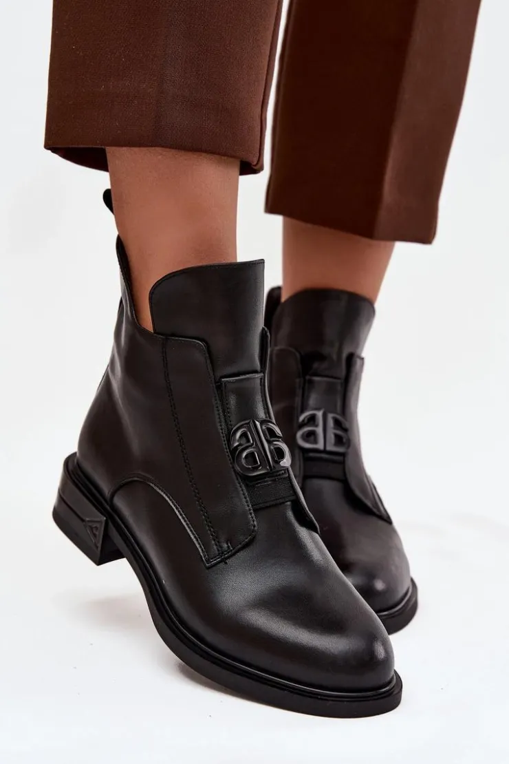 Boto Botki Ocieplane|Botki Na Obcasie*Ocieplane Skórzane Botki Damskie Z Ozdobnym Detalem Czarne Briselda Czarny