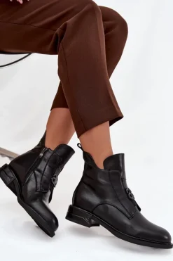 Boto Botki Ocieplane|Botki Na Obcasie*Ocieplane Skórzane Botki Damskie Z Ozdobnym Detalem Czarne Briselda Czarny