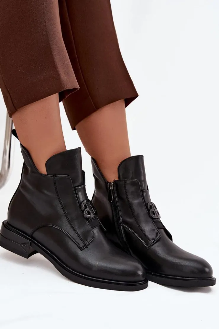 Boto Botki Ocieplane|Botki Na Obcasie*Ocieplane Skórzane Botki Damskie Z Ozdobnym Detalem Czarne Briselda Czarny