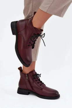 Buty damskie Vinceza Botki Ocieplane|Botki Sznurowane*Ocieplane Skórzane Botki Damskie Na Niskim Obcasie Vinceza 39953 Bordowe