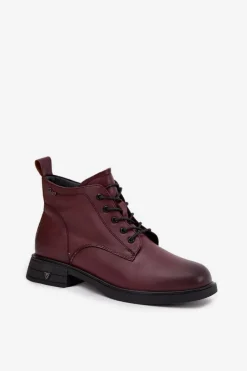 Buty damskie Vinceza Botki Ocieplane|Botki Sznurowane*Ocieplane Skórzane Botki Damskie Na Niskim Obcasie Vinceza 39953 Bordowe
