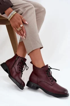 Buty damskie Vinceza Botki Ocieplane|Botki Sznurowane*Ocieplane Skórzane Botki Damskie Na Niskim Obcasie Vinceza 39953 Bordowe