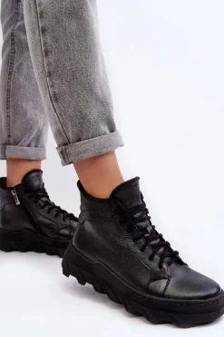 Discount Boto Ocieplane Skórzane Botki Damskie Na Platformie Czarne Lemar Jevette