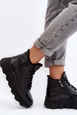 Discount Boto Ocieplane Skórzane Botki Damskie Na Platformie Czarne Lemar Jevette