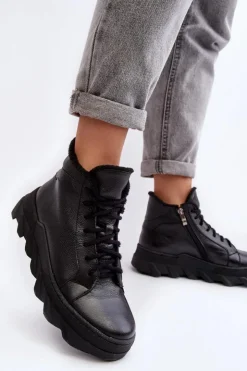 Discount Boto Ocieplane Skórzane Botki Damskie Na Platformie Czarne Lemar Jevette