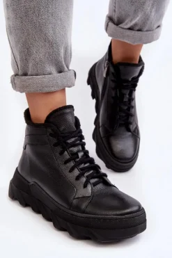 Discount Boto Ocieplane Skórzane Botki Damskie Na Platformie Czarne Lemar Jevette