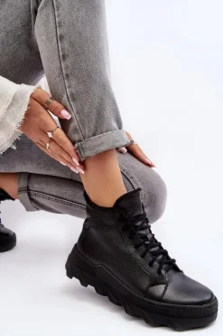 Discount Boto Ocieplane Skórzane Botki Damskie Na Platformie Czarne Lemar Jevette