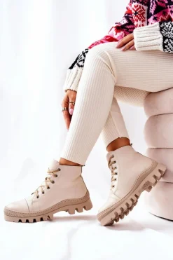 Damskie Boto Ocieplane Skórzane Botki Trapery Beżowe Madisson