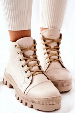 Damskie Boto Ocieplane Skórzane Botki Trapery Beżowe Madisson