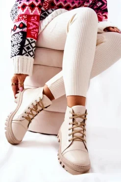 Damskie Boto Ocieplane Skórzane Botki Trapery Beżowe Madisson