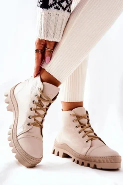 Damskie Boto Ocieplane Skórzane Botki Trapery Beżowe Madisson