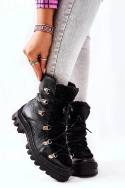 Damskie Boto Ocieplane Skórzane Botki Trapery Czarne Cateline