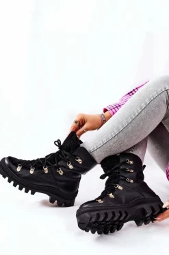 Damskie Boto Ocieplane Skórzane Botki Trapery Czarne Cateline