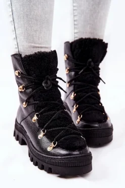 Damskie Boto Ocieplane Skórzane Botki Trapery Czarne Cateline