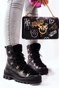 Damskie Boto Ocieplane Skórzane Botki Trapery Czarne Cateline