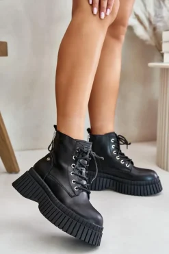 GOE Botki Ocieplane|Damskie Trapery*Ocieplane Skórzane Botki Trapery Na Masywnej Podeszwie OO2N4126 Czarne Czarny