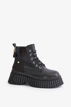 GOE Botki Ocieplane|Damskie Trapery*Ocieplane Skórzane Botki Trapery Na Masywnej Podeszwie OO2N4126 Czarne Czarny