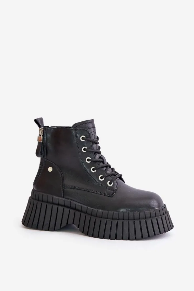 GOE Botki Ocieplane|Damskie Trapery*Ocieplane Skórzane Botki Trapery Na Masywnej Podeszwie OO2N4126 Czarne Czarny