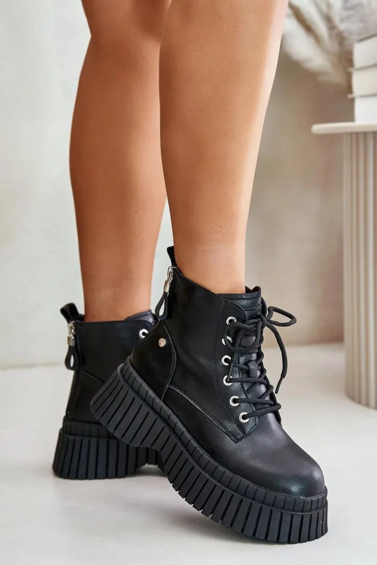 GOE Botki Ocieplane|Damskie Trapery*Ocieplane Skórzane Botki Trapery Na Masywnej Podeszwie OO2N4126 Czarne Czarny