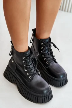 GOE Botki Ocieplane|Damskie Trapery*Ocieplane Skórzane Botki Trapery Na Masywnej Podeszwie OO2N4126 Czarne Czarny