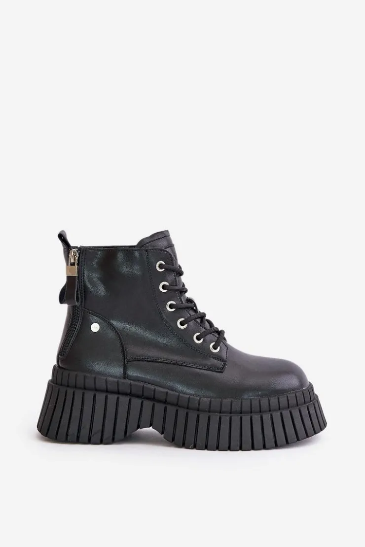 GOE Botki Ocieplane|Damskie Trapery*Ocieplane Skórzane Botki Trapery Na Masywnej Podeszwie OO2N4126 Czarne Czarny