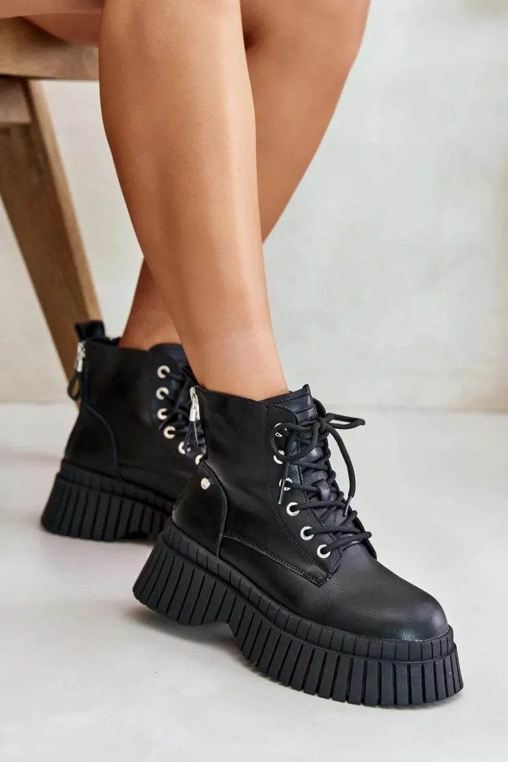 GOE Botki Ocieplane|Damskie Trapery*Ocieplane Skórzane Botki Trapery Na Masywnej Podeszwie OO2N4126 Czarne Czarny