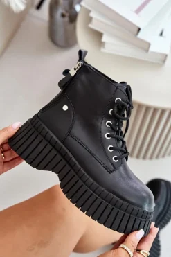 GOE Botki Ocieplane|Damskie Trapery*Ocieplane Skórzane Botki Trapery Na Masywnej Podeszwie OO2N4126 Czarne Czarny