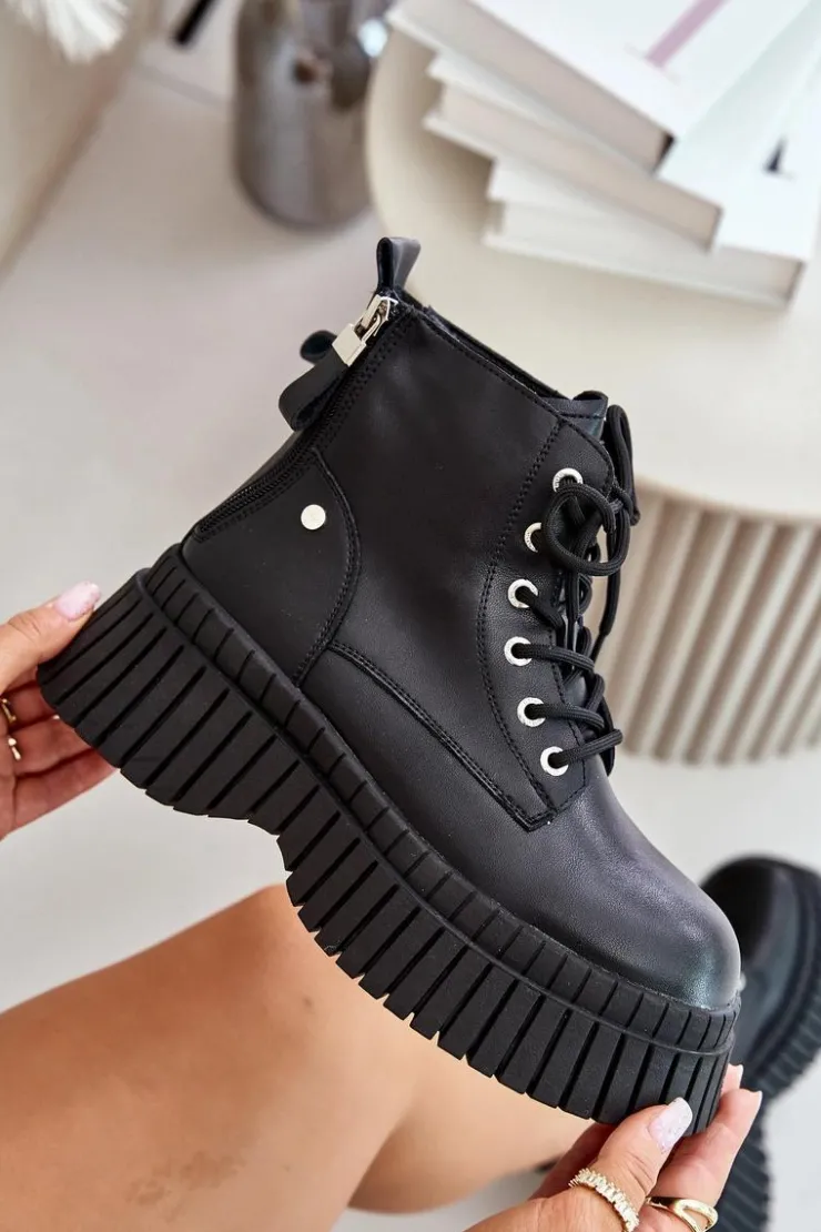 GOE Botki Ocieplane|Damskie Trapery*Ocieplane Skórzane Botki Trapery Na Masywnej Podeszwie OO2N4126 Czarne Czarny