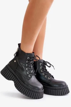 GOE Botki Ocieplane|Damskie Trapery*Ocieplane Skórzane Botki Trapery Na Masywnej Podeszwie OO2N4126 Czarne Czarny