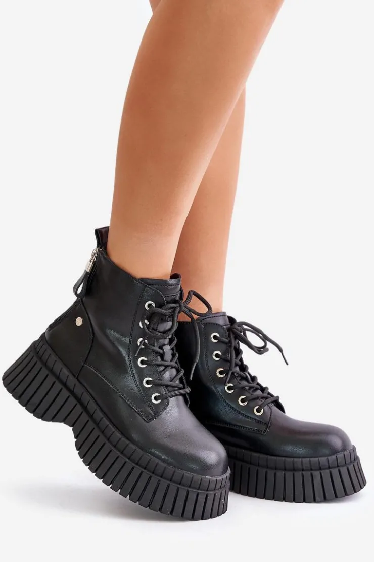 GOE Botki Ocieplane|Damskie Trapery*Ocieplane Skórzane Botki Trapery Na Masywnej Podeszwie OO2N4126 Czarne Czarny