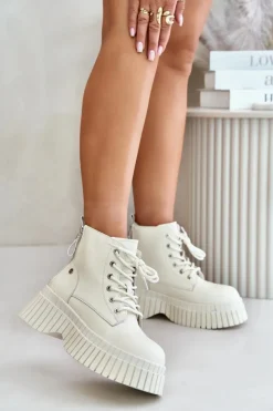 Outlet GOE Ocieplane Skórzane Botki Trapery Na Masywnej Podeszwie OO2N4127Jasnobeżowe Beżowy