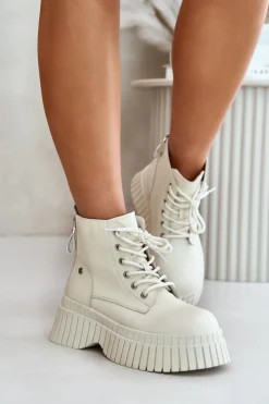 Outlet GOE Ocieplane Skórzane Botki Trapery Na Masywnej Podeszwie OO2N4127Jasnobeżowe Beżowy