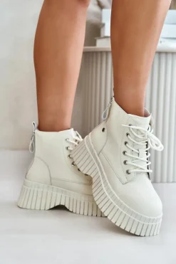 Outlet GOE Ocieplane Skórzane Botki Trapery Na Masywnej Podeszwie OO2N4127Jasnobeżowe Beżowy