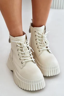 Outlet GOE Ocieplane Skórzane Botki Trapery Na Masywnej Podeszwie OO2N4127Jasnobeżowe Beżowy