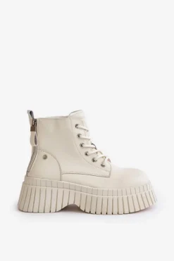 Outlet GOE Ocieplane Skórzane Botki Trapery Na Masywnej Podeszwie OO2N4127Jasnobeżowe Beżowy