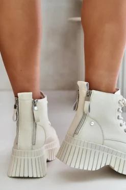 Outlet GOE Ocieplane Skórzane Botki Trapery Na Masywnej Podeszwie OO2N4127Jasnobeżowe Beżowy