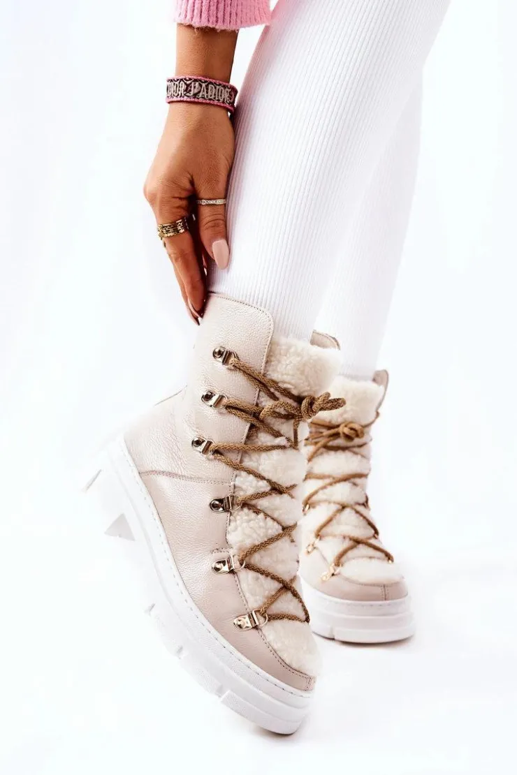 Outlet Boto Ocieplane Skórzane Botki Trapery Jasnobeżowe Nerisso Beżowy