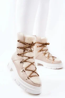 Outlet Boto Ocieplane Skórzane Botki Trapery Jasnobeżowe Nerisso Beżowy