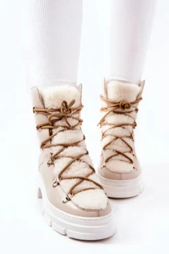 Outlet Boto Ocieplane Skórzane Botki Trapery Jasnobeżowe Nerisso Beżowy