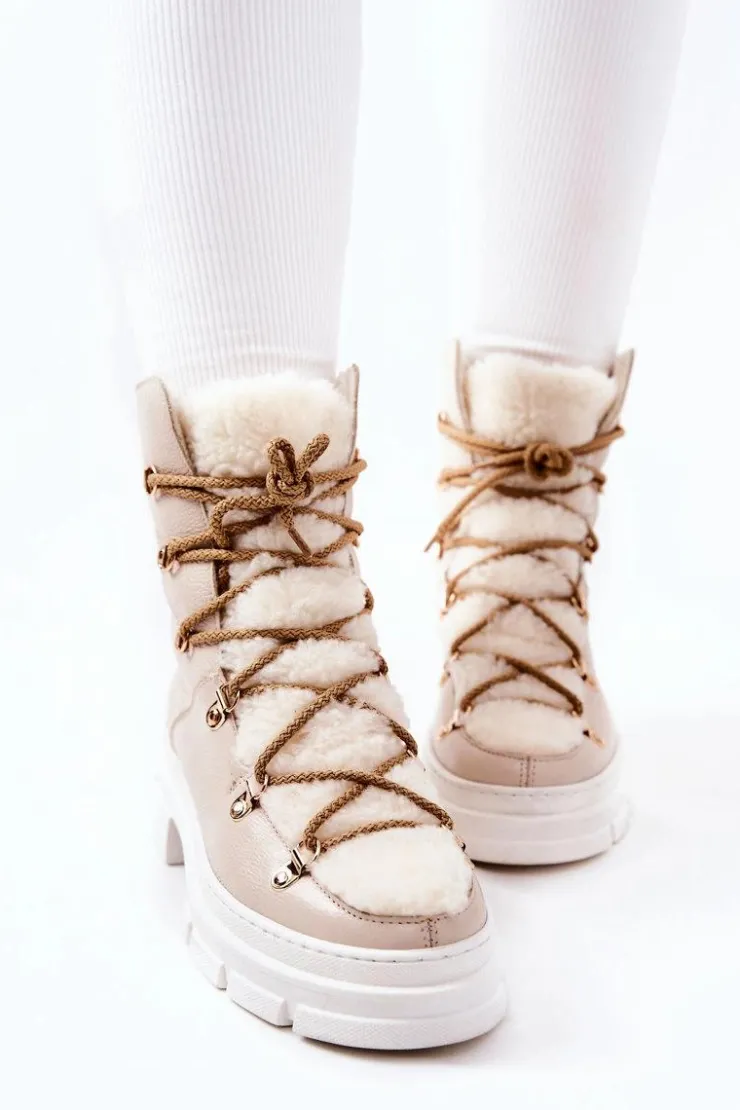 Outlet Boto Ocieplane Skórzane Botki Trapery Jasnobeżowe Nerisso Beżowy