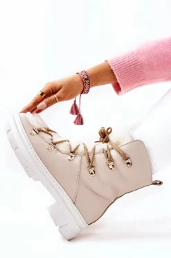 Outlet Boto Ocieplane Skórzane Botki Trapery Jasnobeżowe Nerisso Beżowy